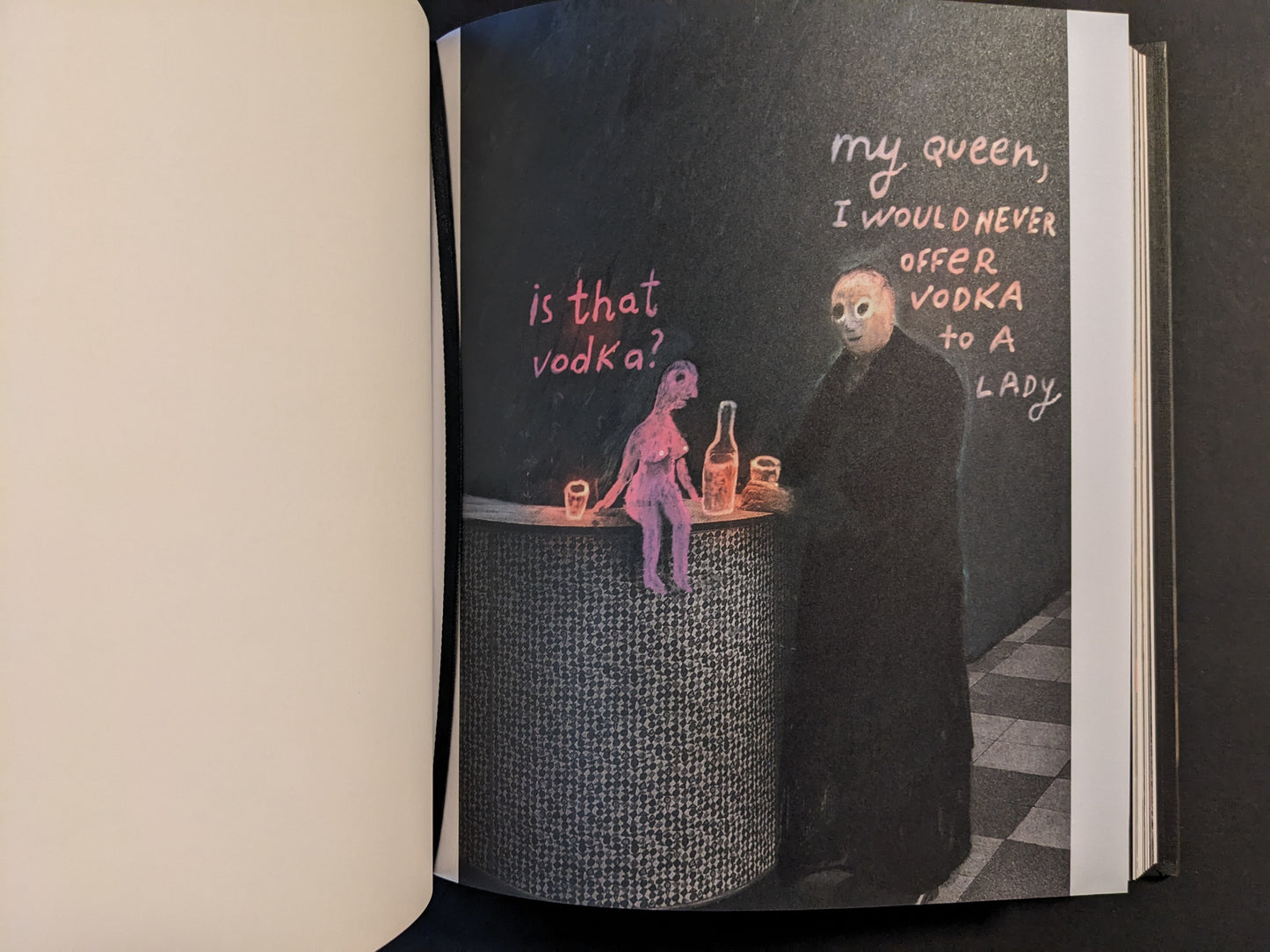 Artwork from The Fire That Drank The Shadow by Julia Soboleva showing a bar scene with handwritten text, a small pink figure by a bottle and glasses, and a taller figure in a dark coat.