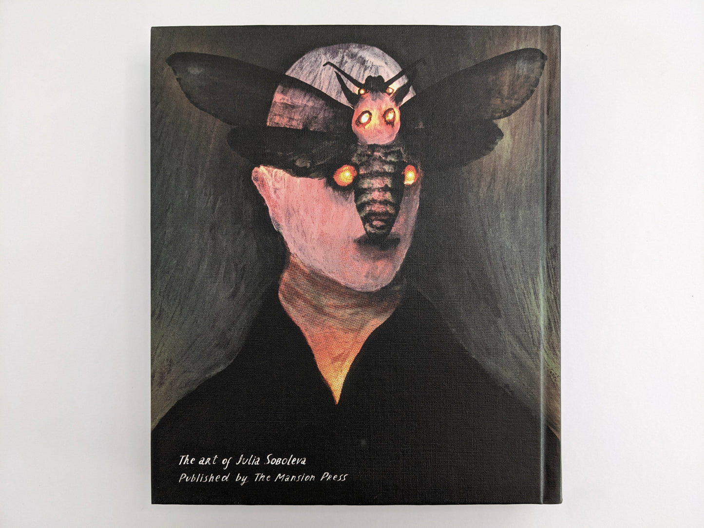 Back cover of The Fire That Drank The Shadow: The Art of Julia Soboleva, showing a moth man on a white background.