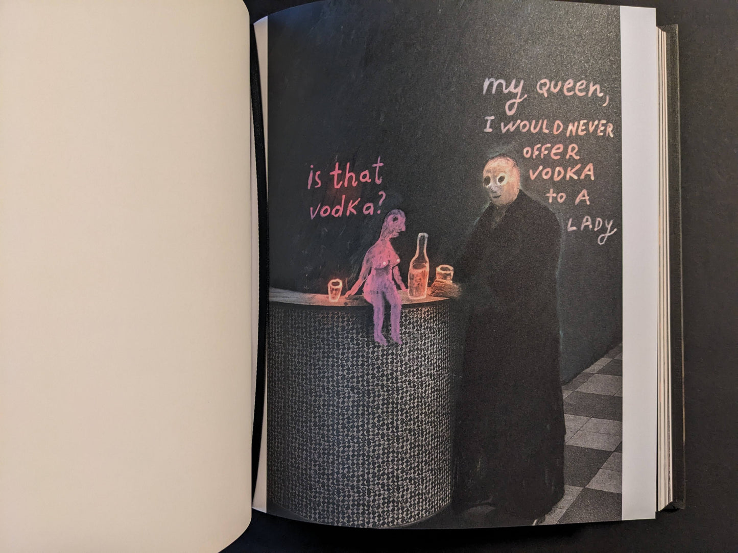 Interior artwork from The Fire That Drank The Shadow by Julia Soboleva, showing a bar scene with handwritten text and two figures at a counter.