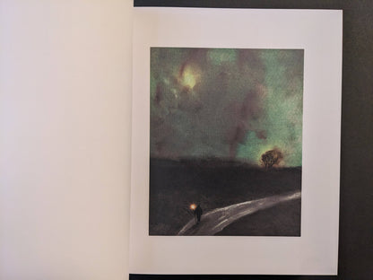 Interior page from The Fire That Drank The Shadow by Julia Soboleva, with a small figure carrying a light along a winding road under a green sky.