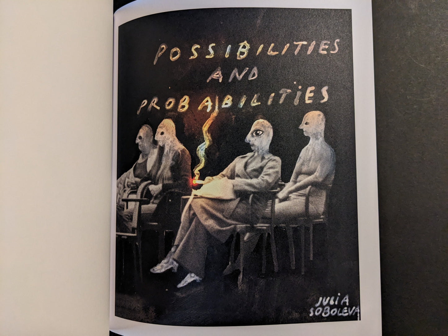 Interior artwork from The Fire That Drank The Shadow by Julia Soboleva, with the phrase Possibilities and Probabilities above seated figures.