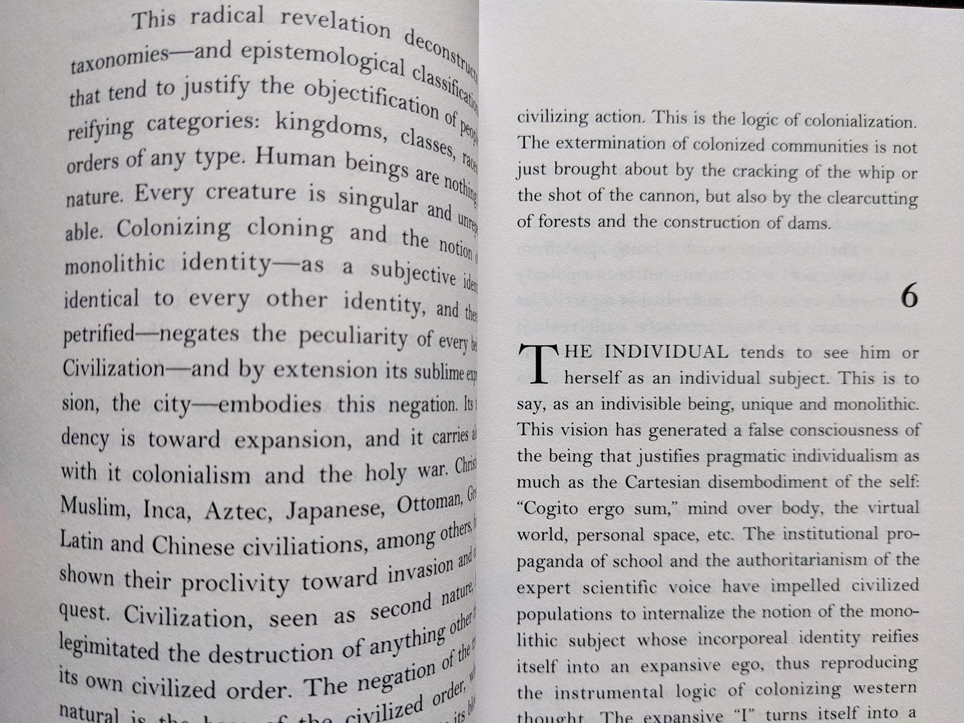 Interior page from 'The Garden of Peculiarities' discussing civilization, monolithic identity, and the logic of colonization.