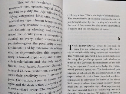 Interior page from 'The Garden of Peculiarities' discussing civilization, monolithic identity, and the logic of colonization.