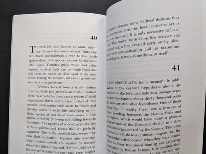 Book page about termites and ants, examining their social structures and metaphorical relevance to nature and civilization.