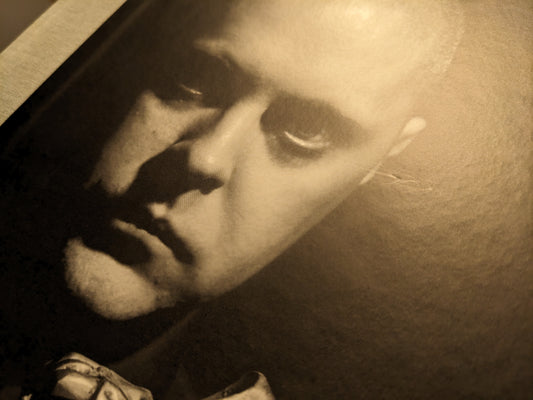 Close-up of a book cover with a black-and-white portrait; a visible scratch is present near the right edge of the image.