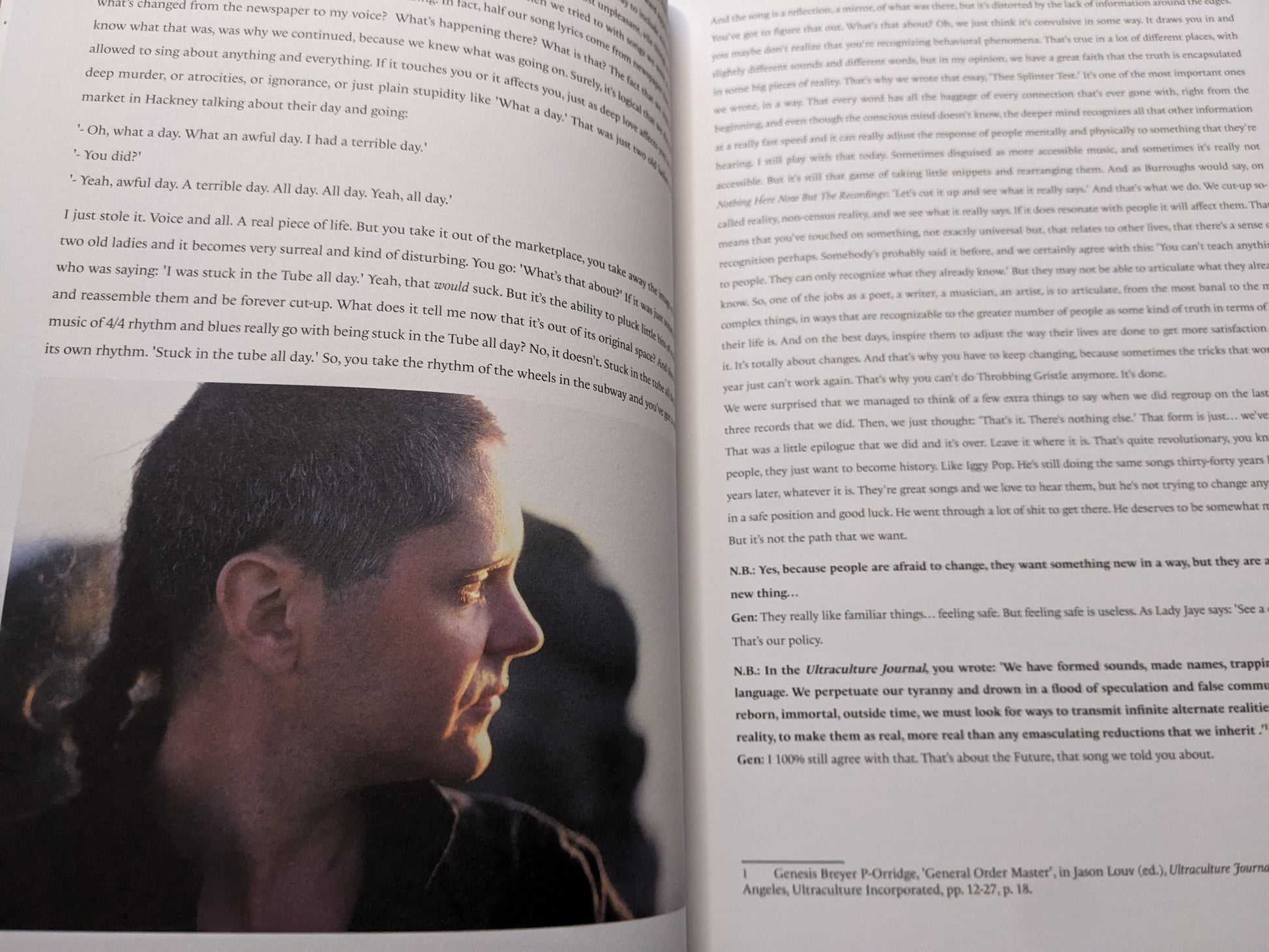 Interior page with text and a profile photograph of Genesis P-Orridge.