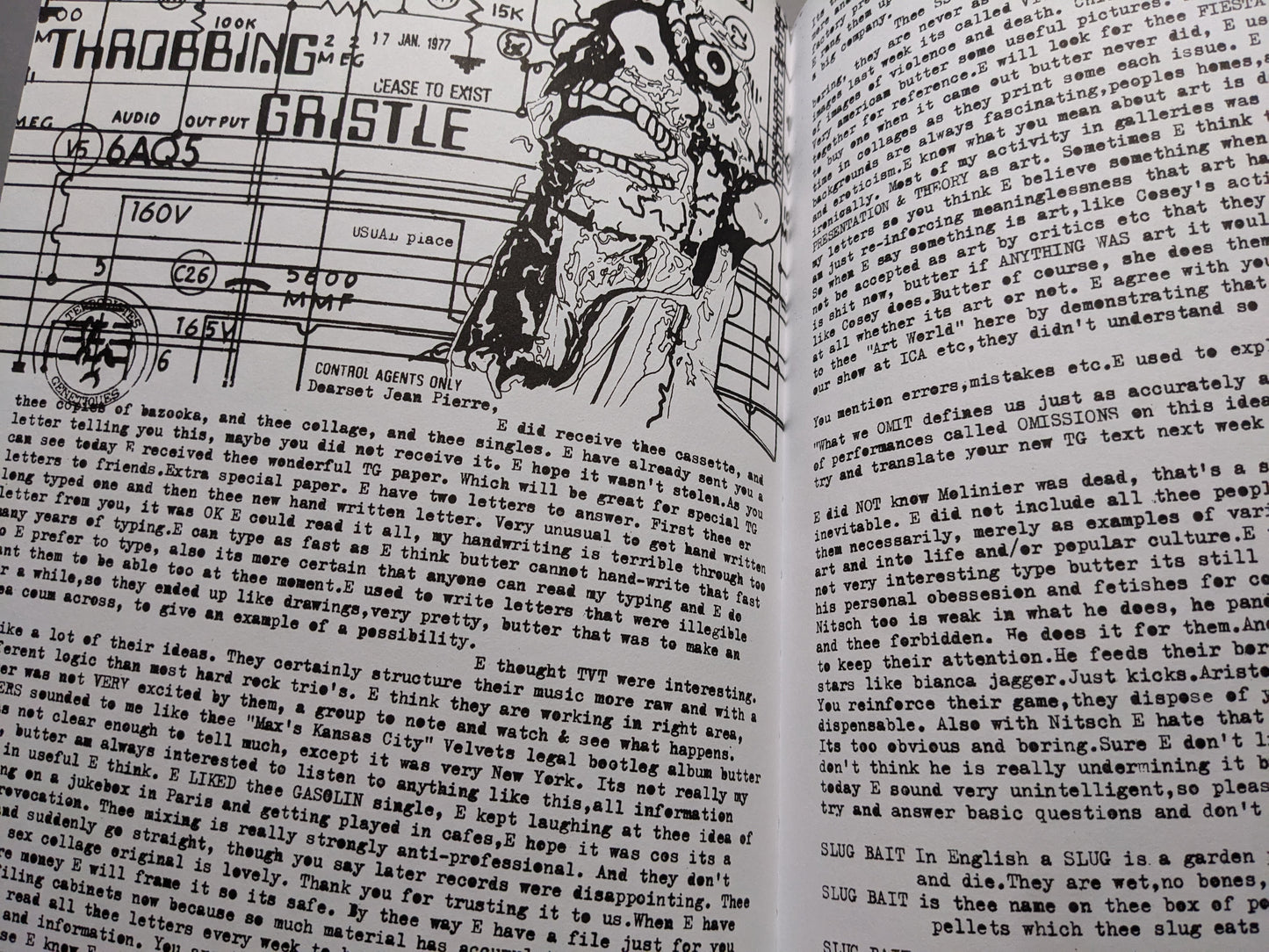Page with a collage-style zine layout and Throbbing Gristle reference.