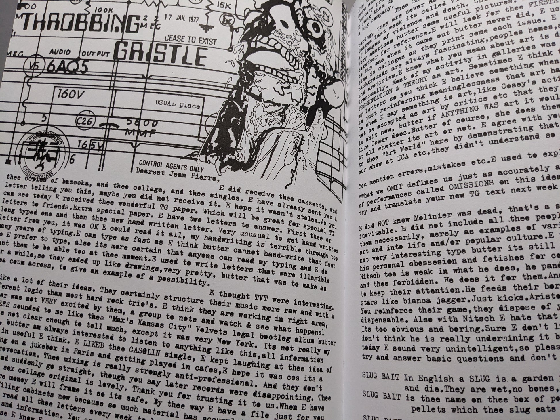 Page with a collage-style zine layout and Throbbing Gristle reference.