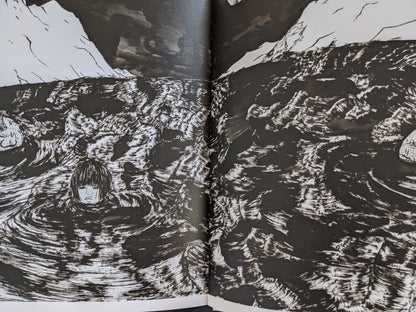 Two-page spread from “The Life of Namazuko” showing a young girl’s head floating in a dark, turbulent sea illustrated in black and white.