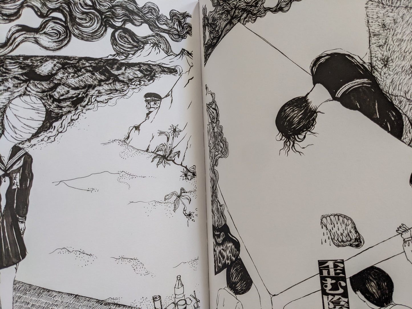 Surreal scene with headless or obscured schoolgirls and a landscape filled with strange figures and hair-like forms.