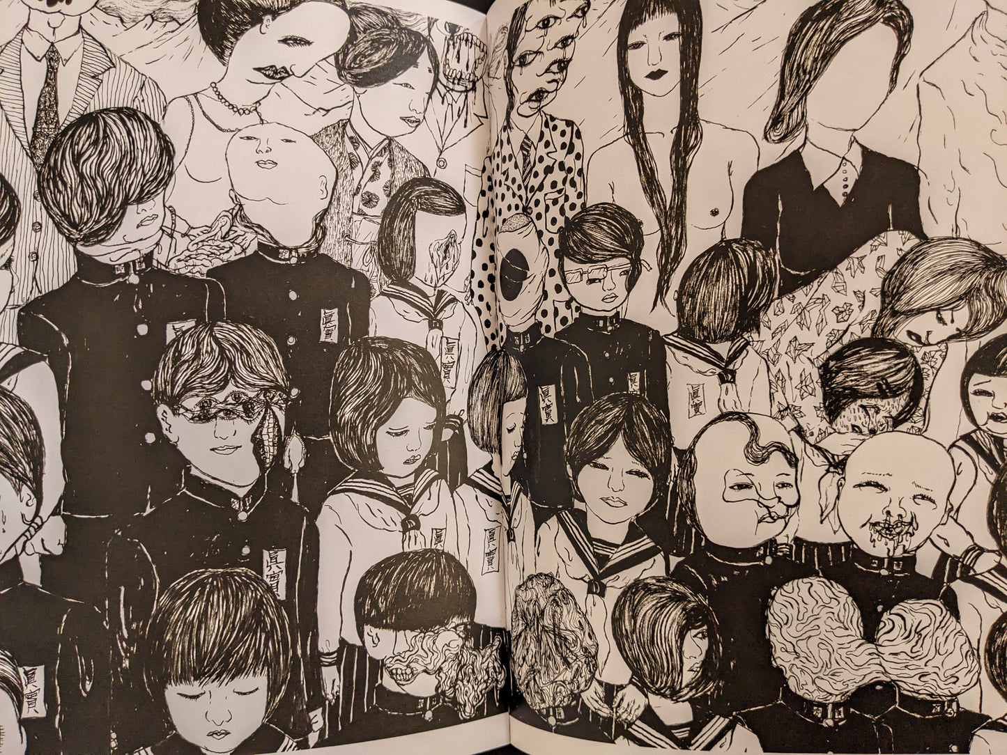 A crowd of faceless and distorted students in uniforms, blending into one another with grotesque facial features.