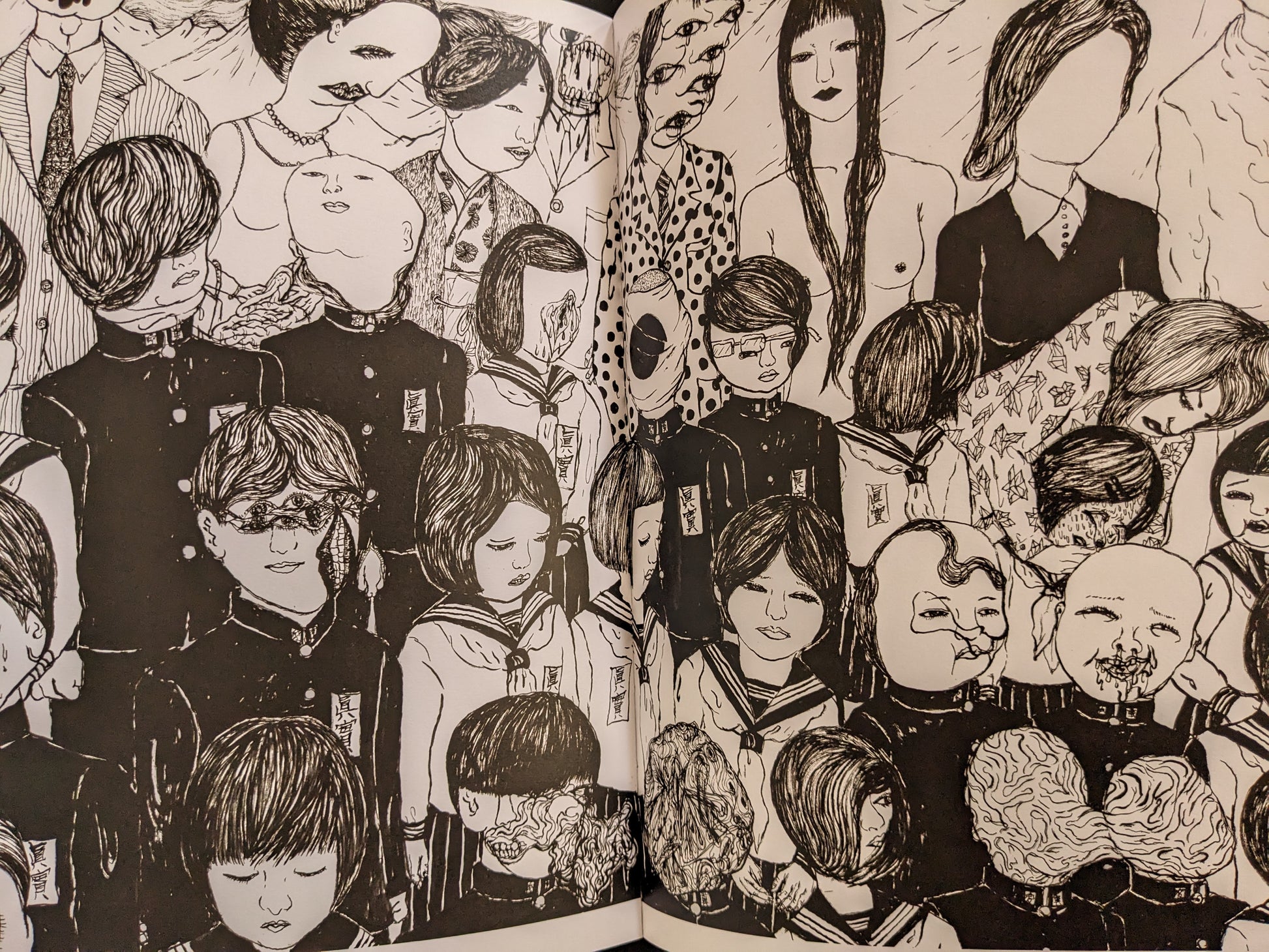 A crowd of faceless and distorted students in uniforms, blending into one another with grotesque facial features.