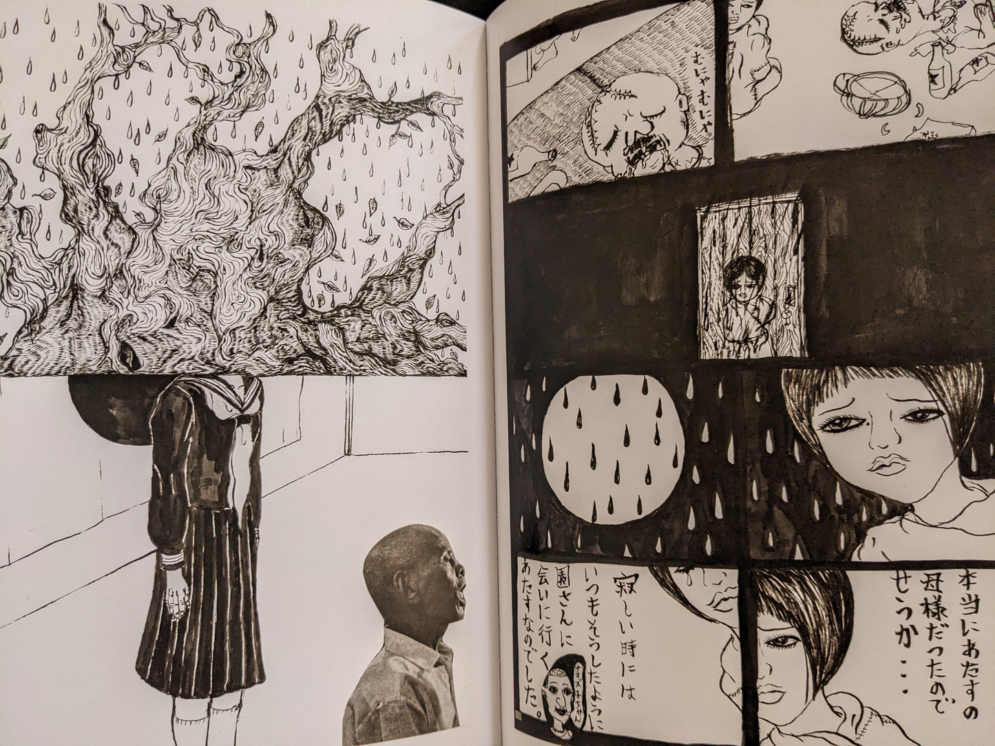 Scenes of emotional distress, fire, and a crying girl—part of a surreal comic sequence with heavy shading and symbolism.