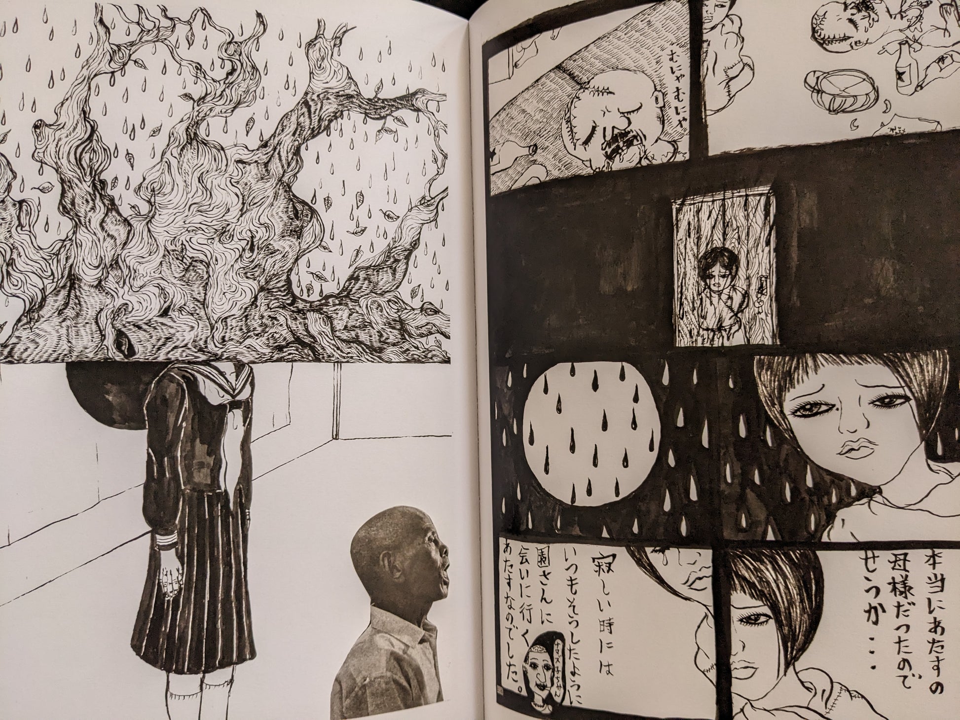 Scenes of emotional distress, fire, and a crying girl—part of a surreal comic sequence with heavy shading and symbolism.