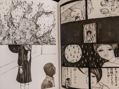 Scenes of emotional distress, fire, and a crying girl—part of a surreal comic sequence with heavy shading and symbolism.