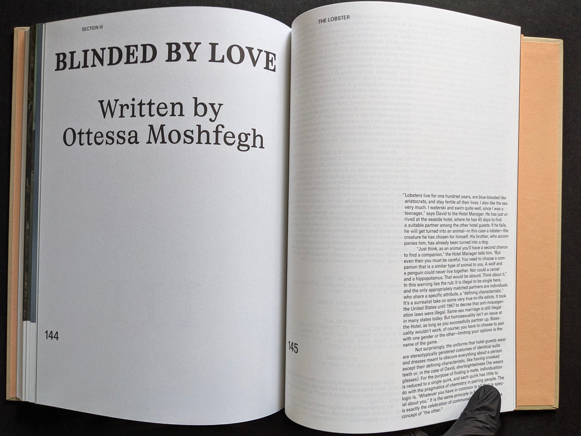 Essay section spread in The Lobster screenplay book titled “Blinded by Love” and written by Ottessa Moshfegh.