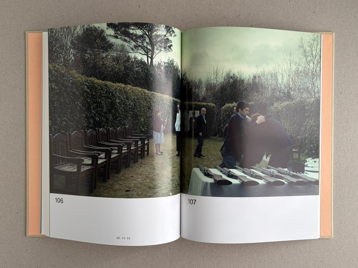 The Lobster Screenplay Book open to a two-page spread with outdoor scene photographs and page numbers 106 and 107.