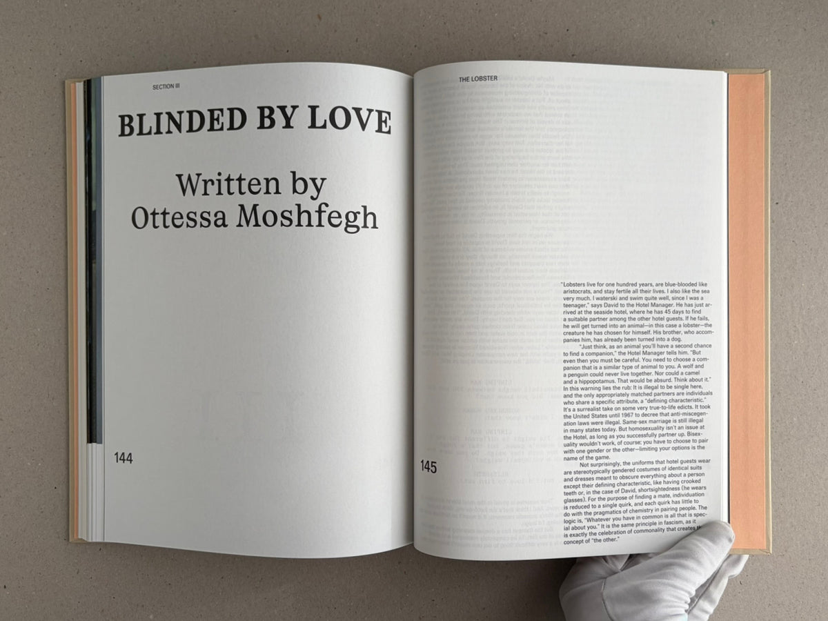 Open spread from The Lobster Screenplay Book, showing the section title 'Blinded by Love' and text credited to Ottessa Moshfegh.