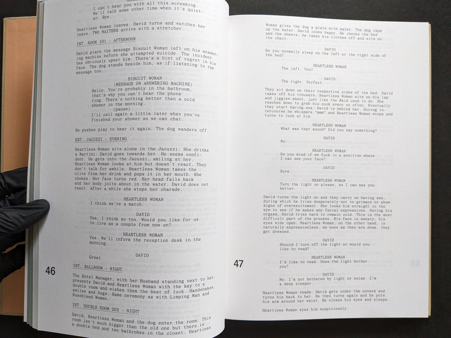 Interior screenplay spread from The Lobster showing dialogue between David and Heartless Woman.