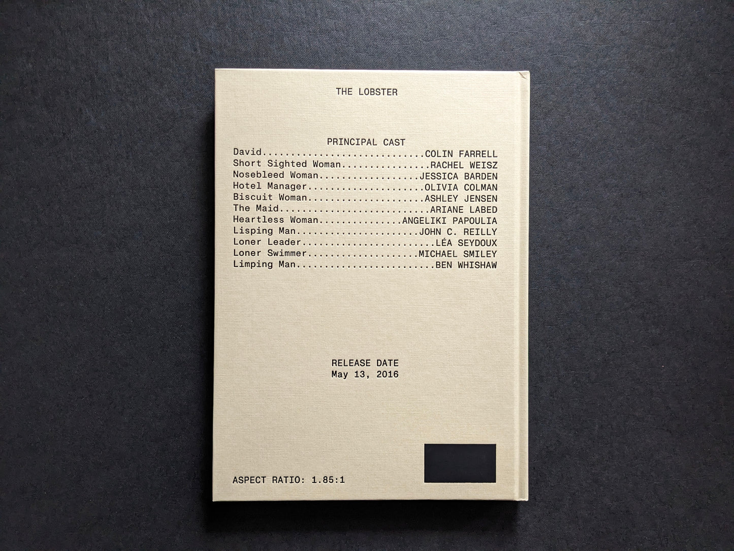 Back cover of The Lobster screenplay book showing principal cast, release date, and aspect ratio.