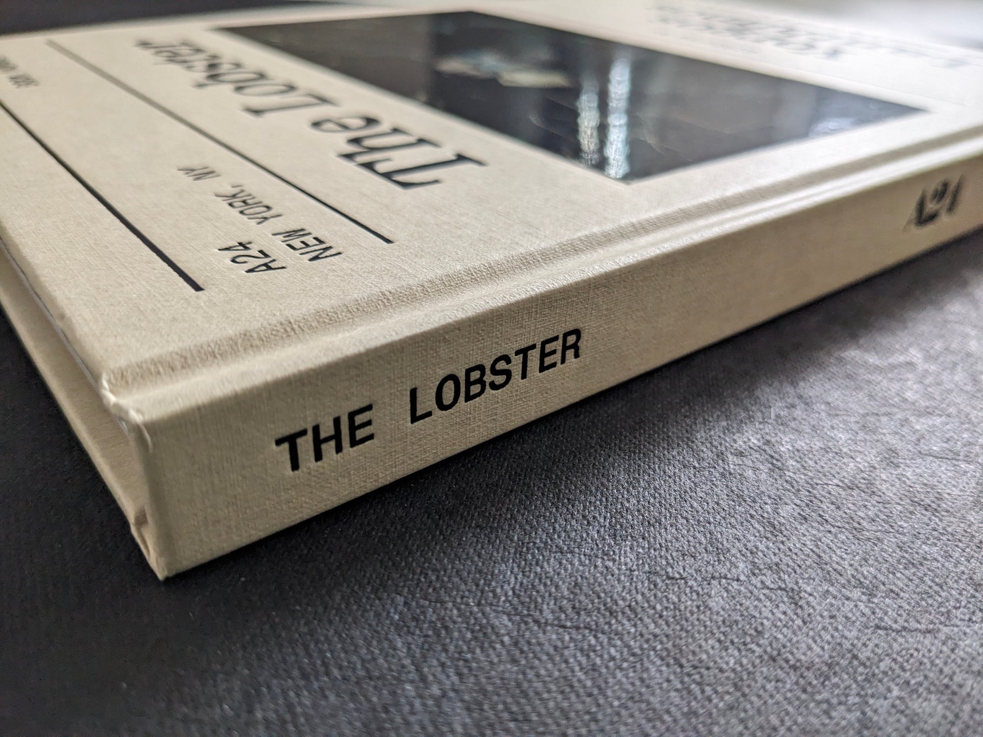 Close-up of the spine and clothbound corner of The Lobster screenplay book by Yorgos Lanthimos.