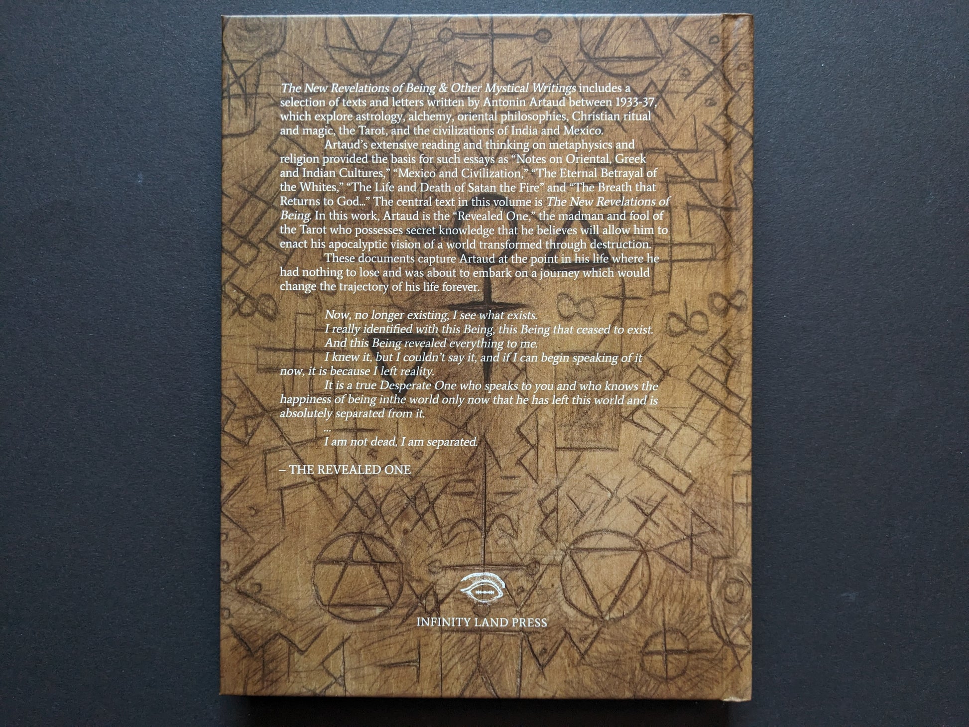 Back cover of The New Revelations of Being with synopsis text over a brown background of occult symbols.
