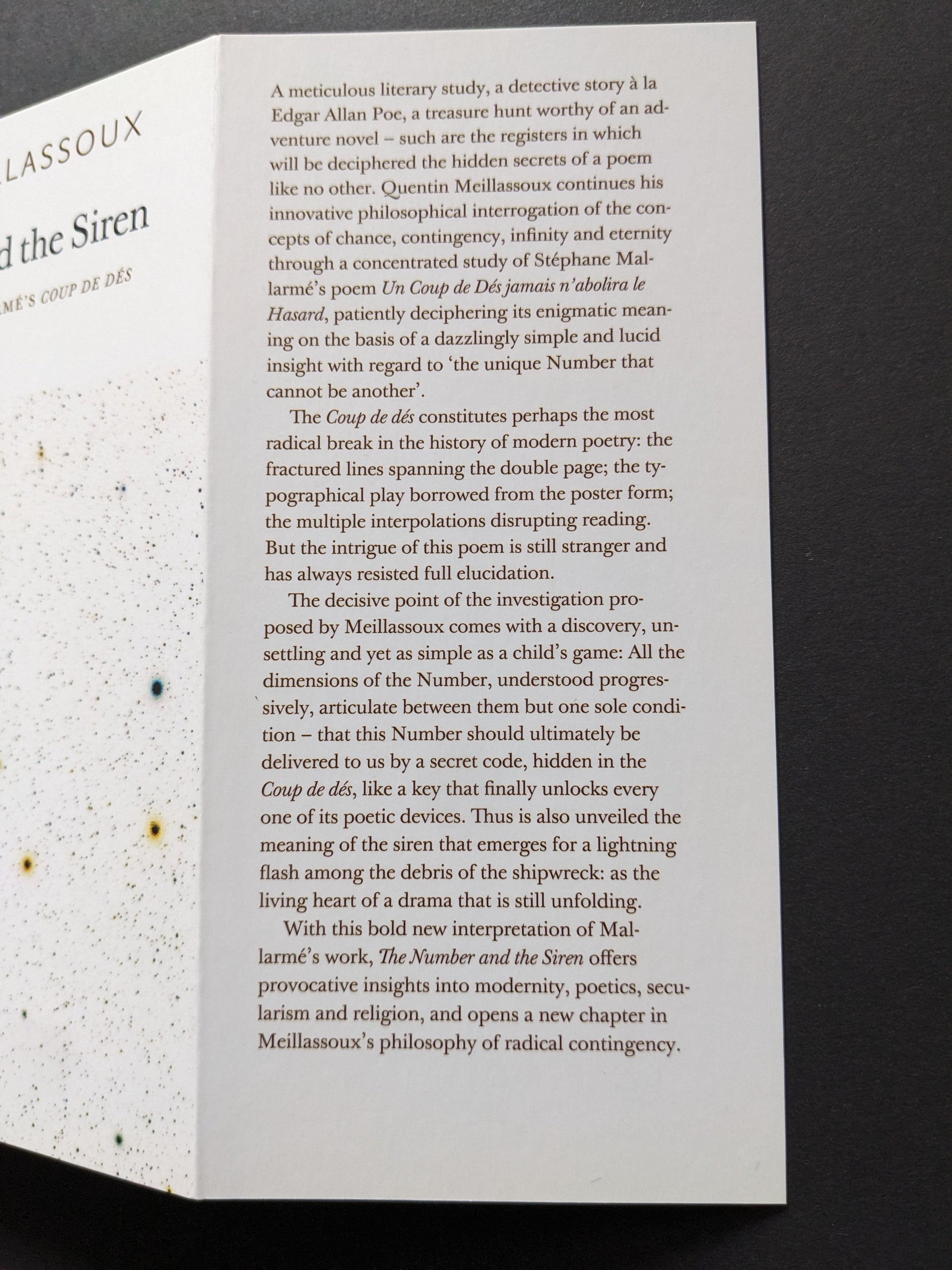 Close-up of the spine and the book description of The Number and the Siren by Quentin Meillassoux, emphasizing its unique approach to Mallarmé’s poem.