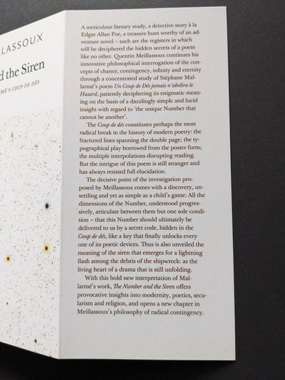 Close-up of the spine and the book description of The Number and the Siren by Quentin Meillassoux, emphasizing its unique approach to Mallarmé’s poem.