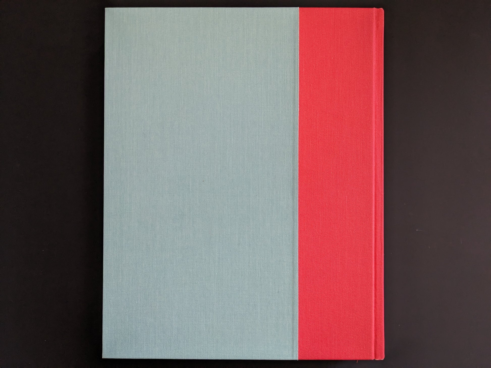 Back cover of Stephen Gill’s photobook The Pillar, cloth-bound in light blue and red