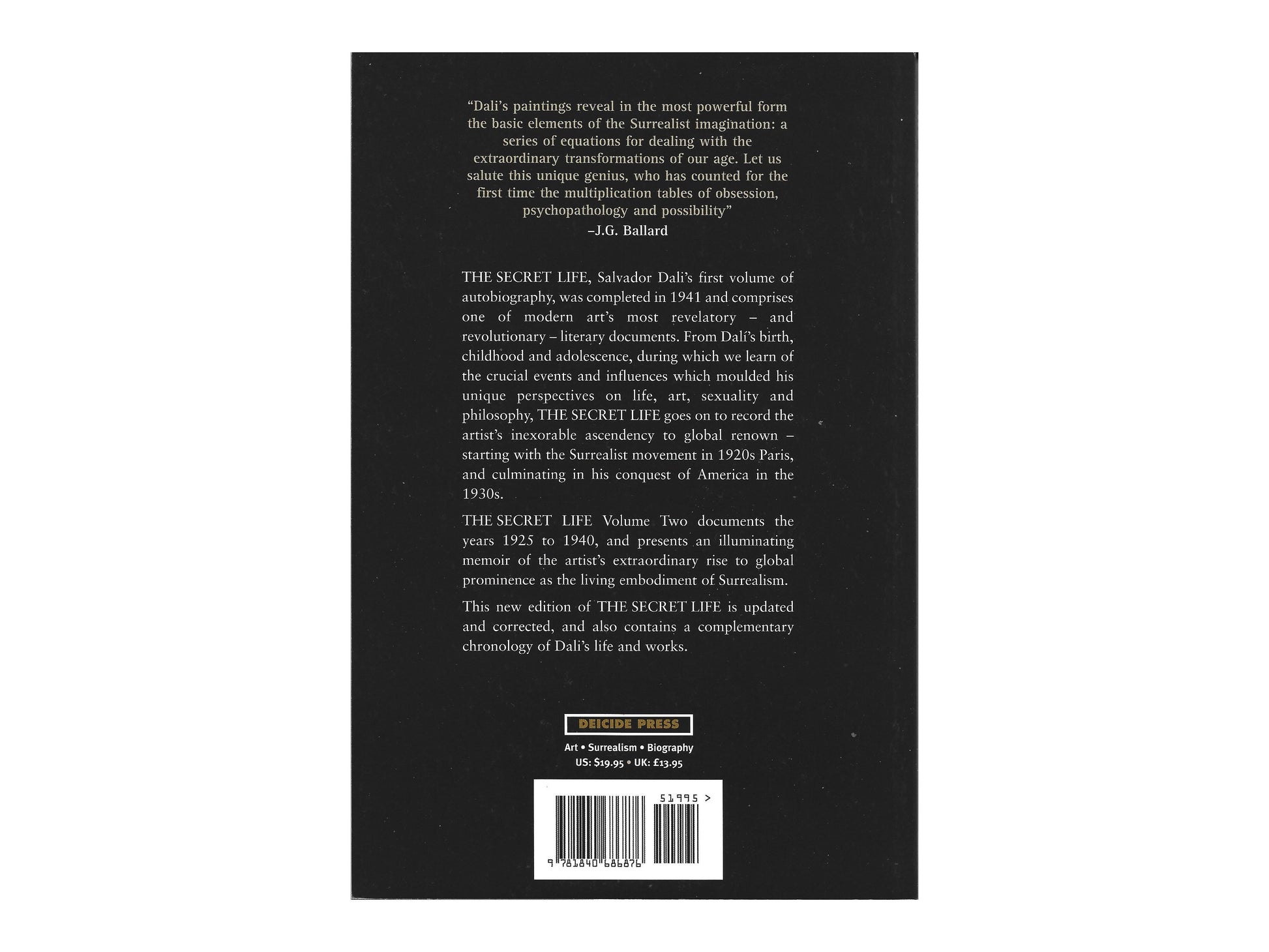 Back cover of "The Secret Life: Volume Two (1925–1940)" by Salvador Dalí, with a quote by J.G. Ballard and summary text about the artist’s rise to global prominence.