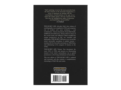 Back cover of "The Secret Life: Volume Two (1925–1940)" by Salvador Dalí, with a quote by J.G. Ballard and summary text about the artist’s rise to global prominence.
