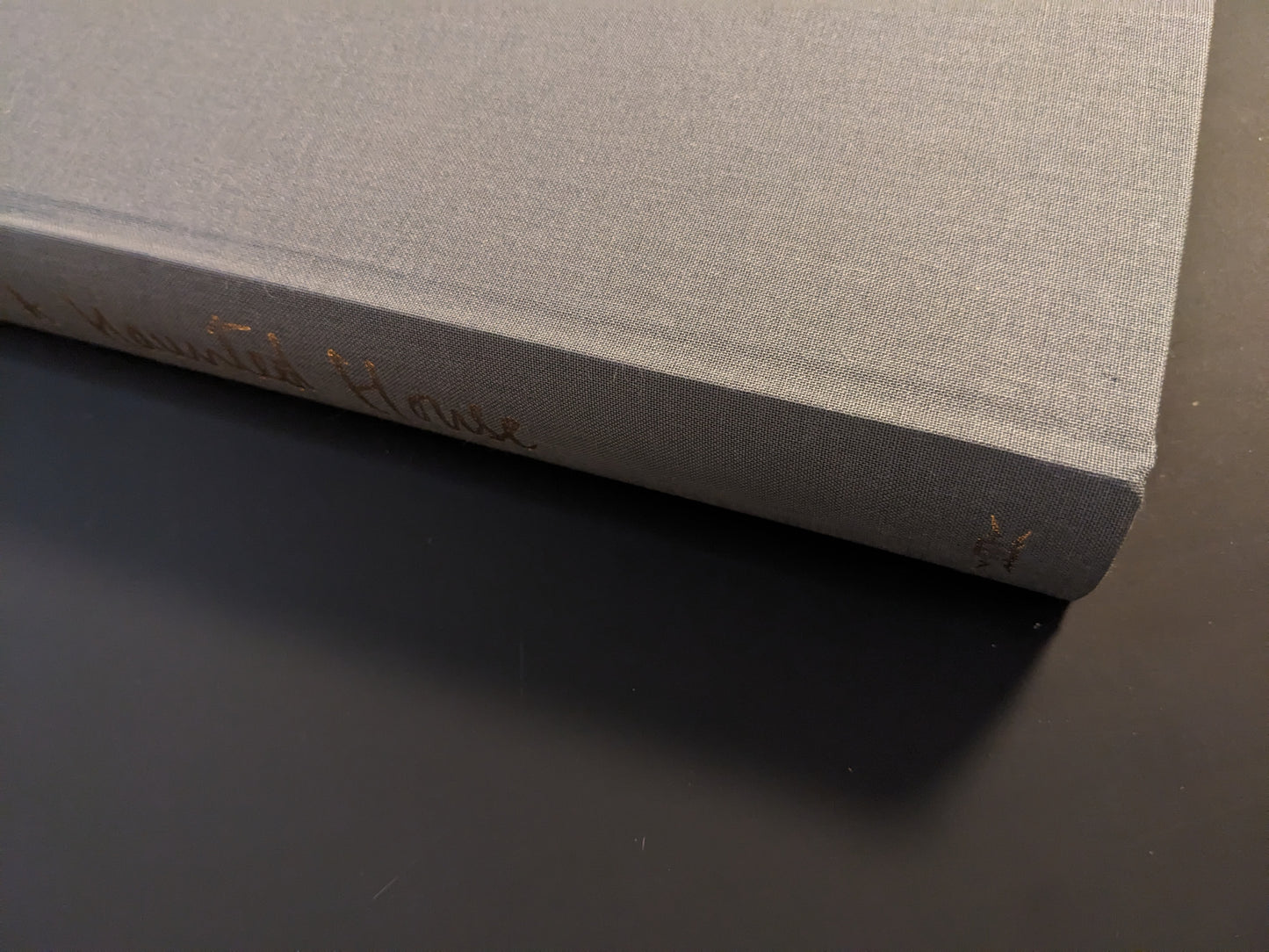 Book spine of The Universe is a Haunted House with gold embossed text on grey cloth cover.