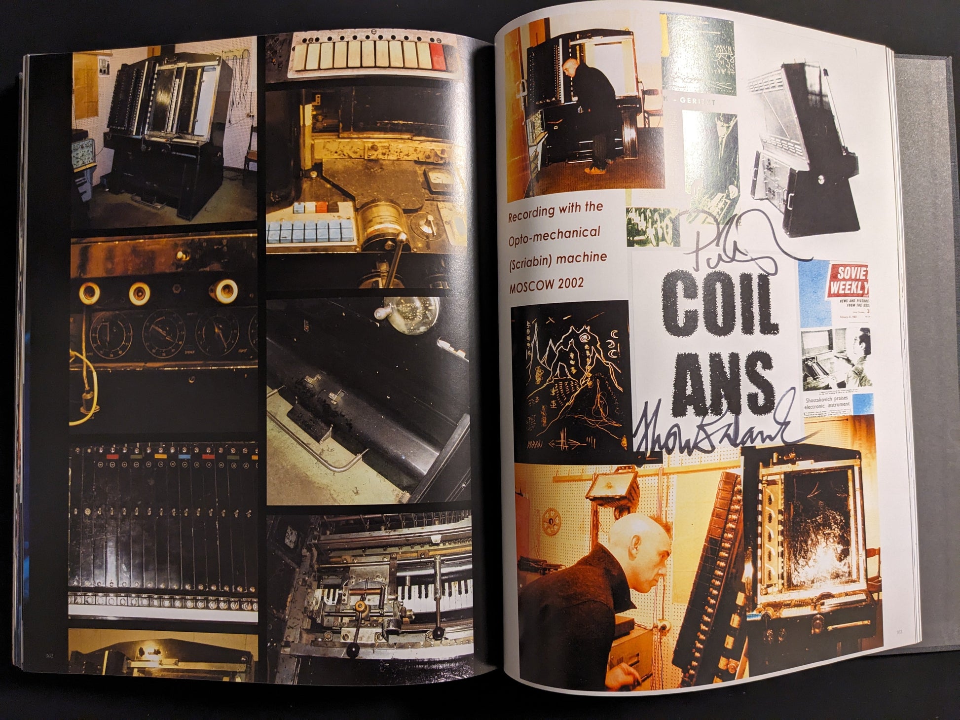 Photographs of Coil recording with the experimental ANS synthesizer machine in Moscow, 2002.