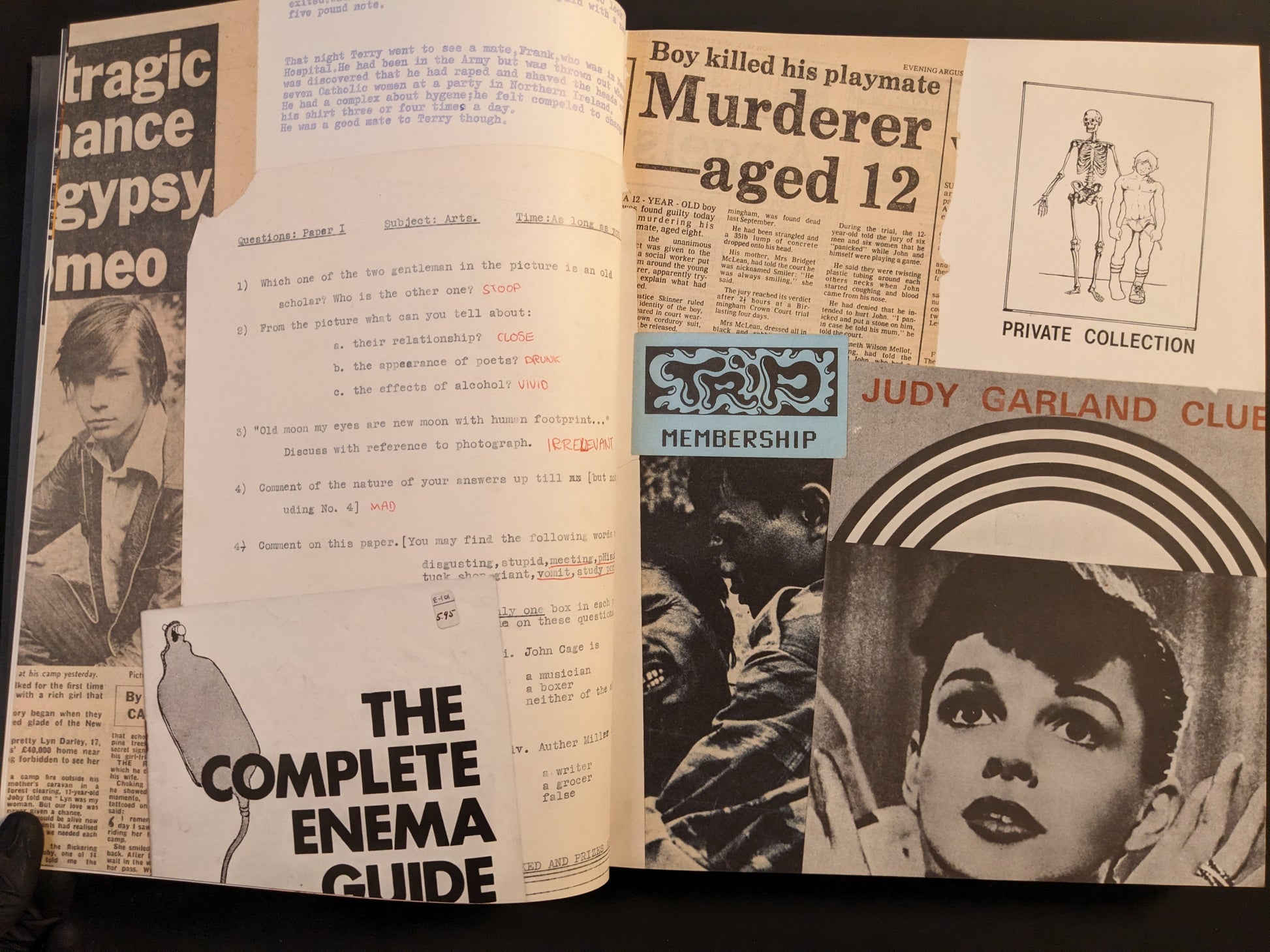 Collage page featuring vintage newspaper clippings, membership cards, and graphics from COIL’s personal archives.