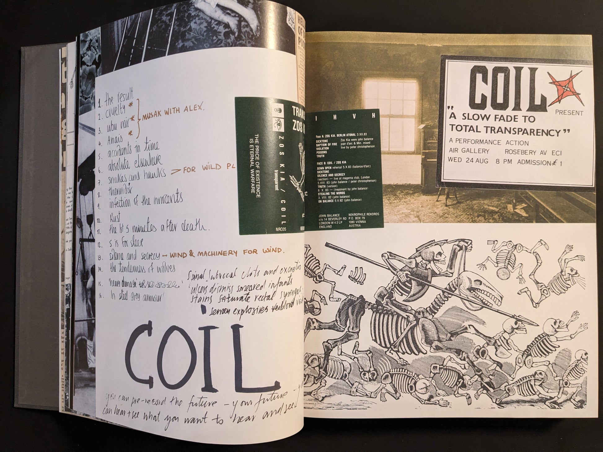 COIL handwritten notes and sketches alongside performance flyers and skeletal illustrations.