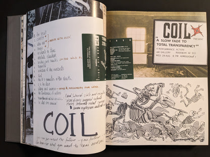 COIL handwritten notes and sketches alongside performance flyers and skeletal illustrations.