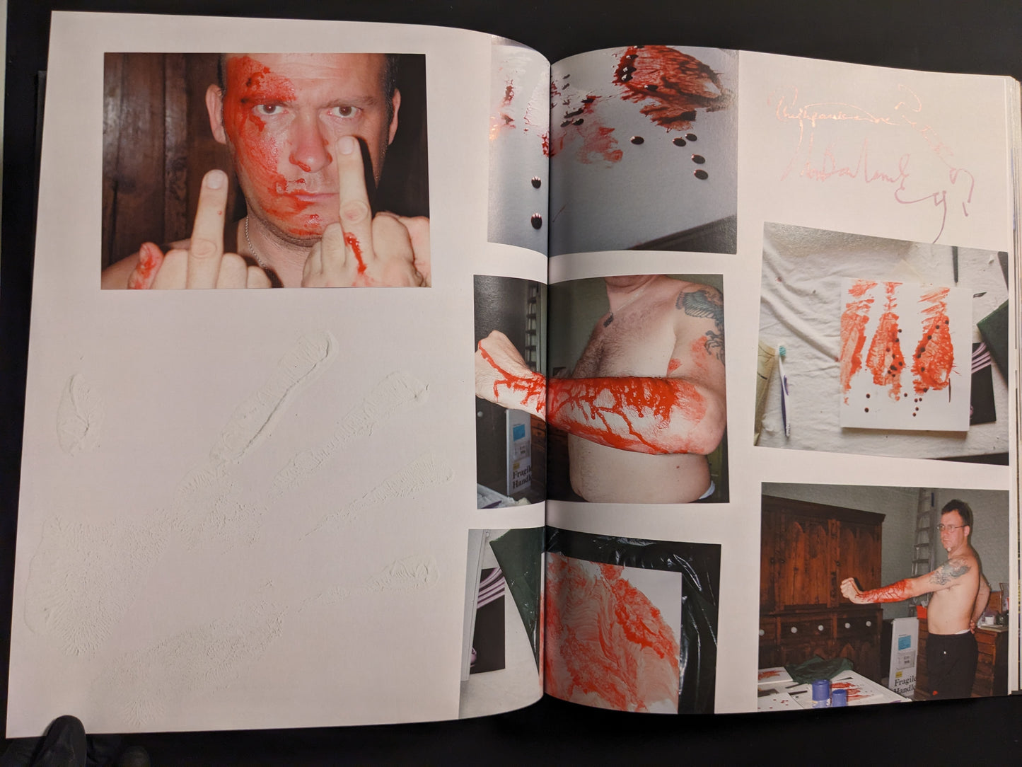 Intense performance art imagery featuring John Balance with painted hands and body art.