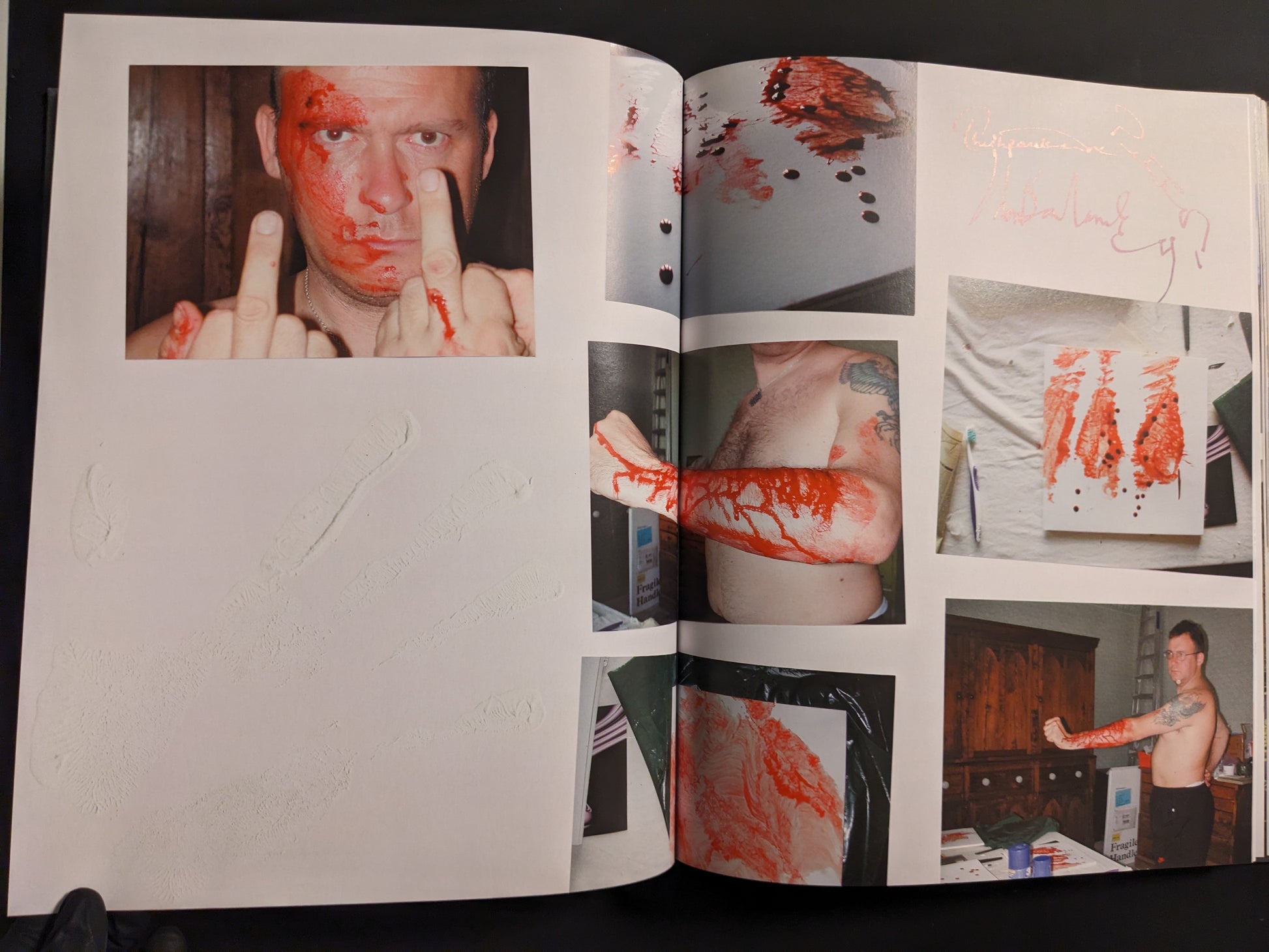 Intense performance art imagery featuring John Balance with painted hands and body art.