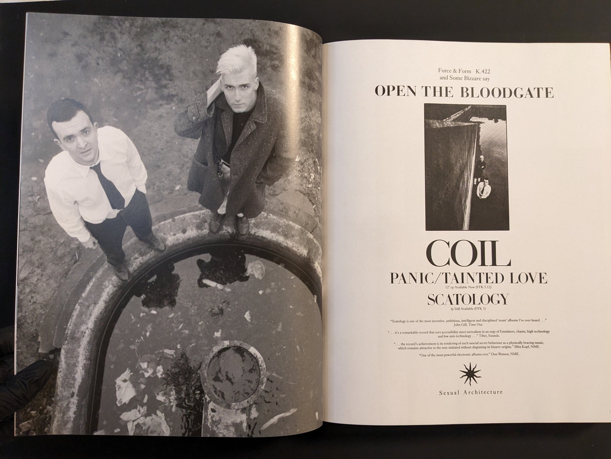 Chapter opening for Scatology, featuring a black-and-white photo of COIL band members.