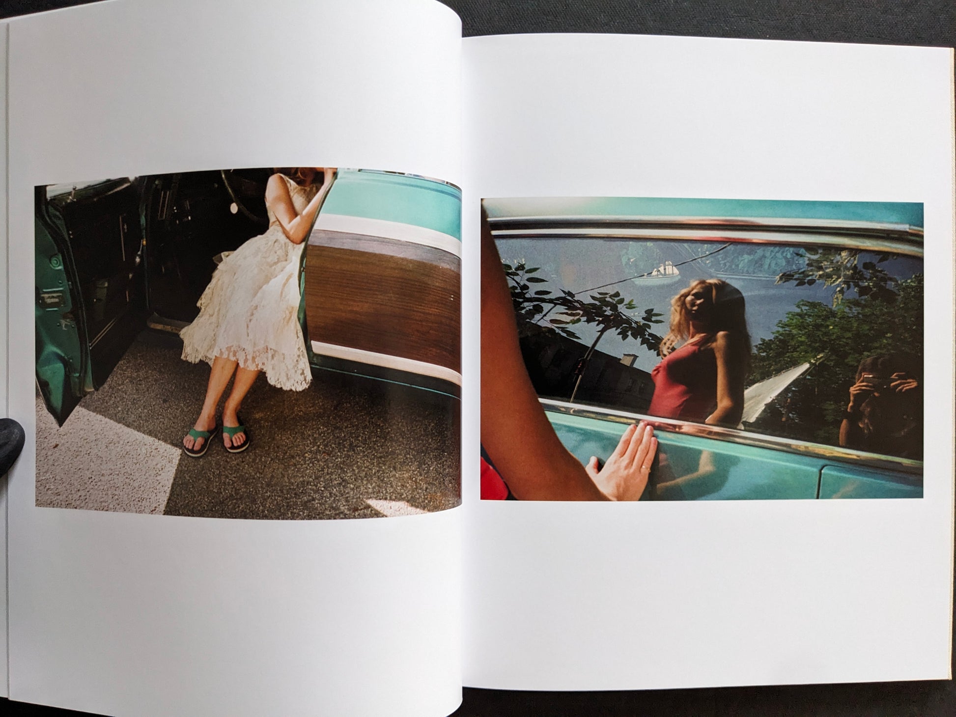 Interior spread from The Virgin Suicides book with candid photographs of a girl stepping out of a car and a reflected portrait in a car window.