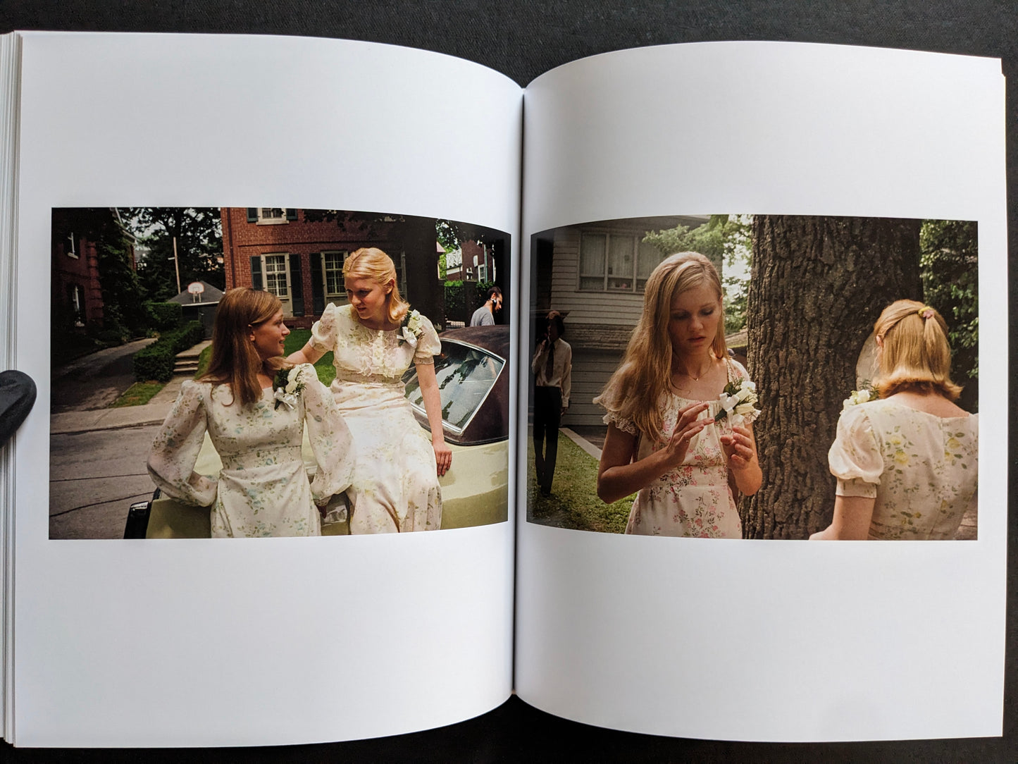 Interior spread from The Virgin Suicides book with two girls in floral dresses sitting by a car and another outdoor scene by a tree.
