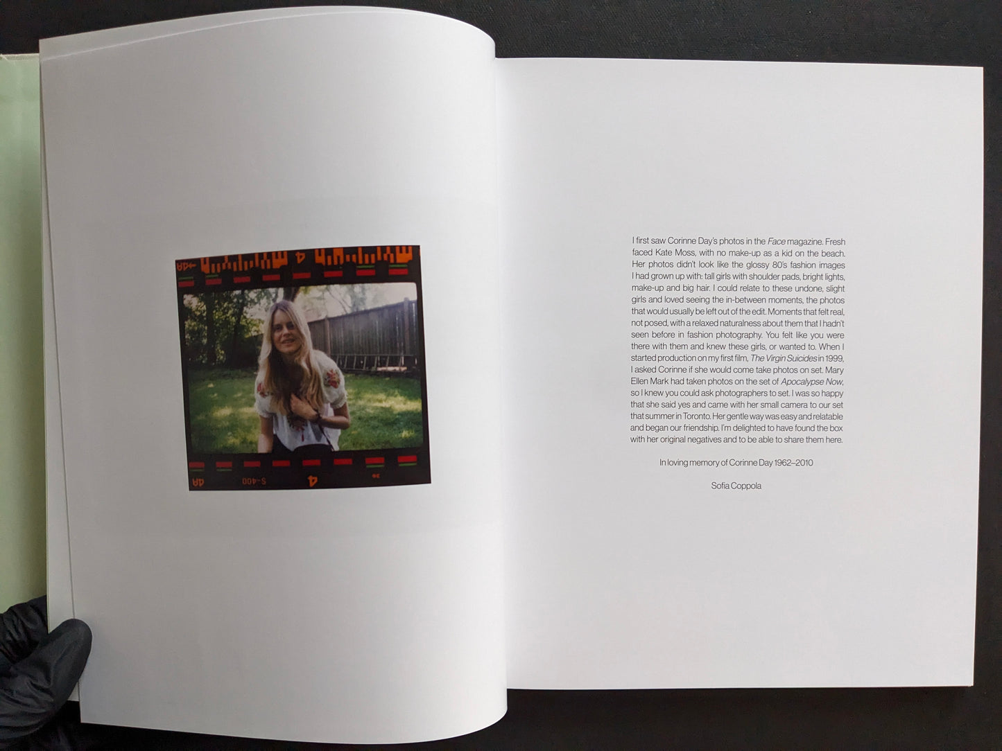 Interior spread from The Virgin Suicides book with a photograph on the left and an introductory text by Sofia Coppola on the right.