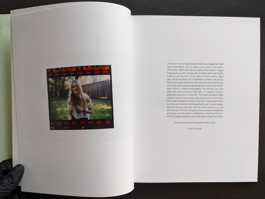 Interior spread from The Virgin Suicides book with a photograph on the left and an introductory text by Sofia Coppola on the right.