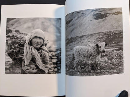Spread from “TIBET” showing a young girl carrying a bundle of firewood on her back and a young yak standing in open terrain.