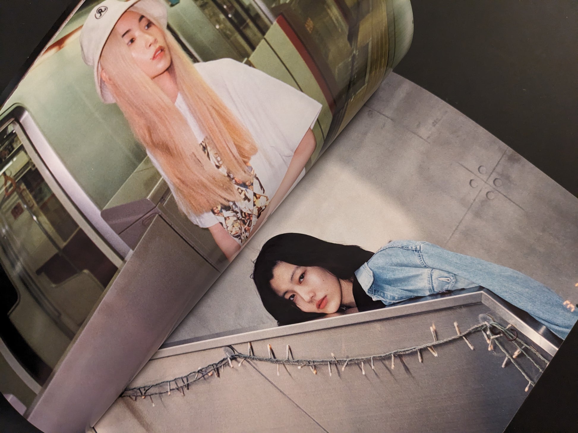 Close-up portraits of two women, one in a subway station wearing a bucket hat, another leaning on a metal railing.