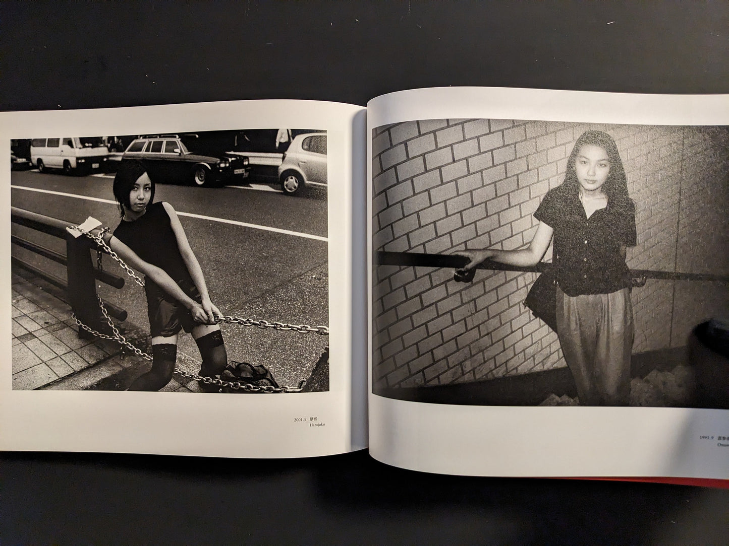 Open spread with a young woman posing with a metal chain by a roadside rail and a portrait of a woman against a tiled wall.