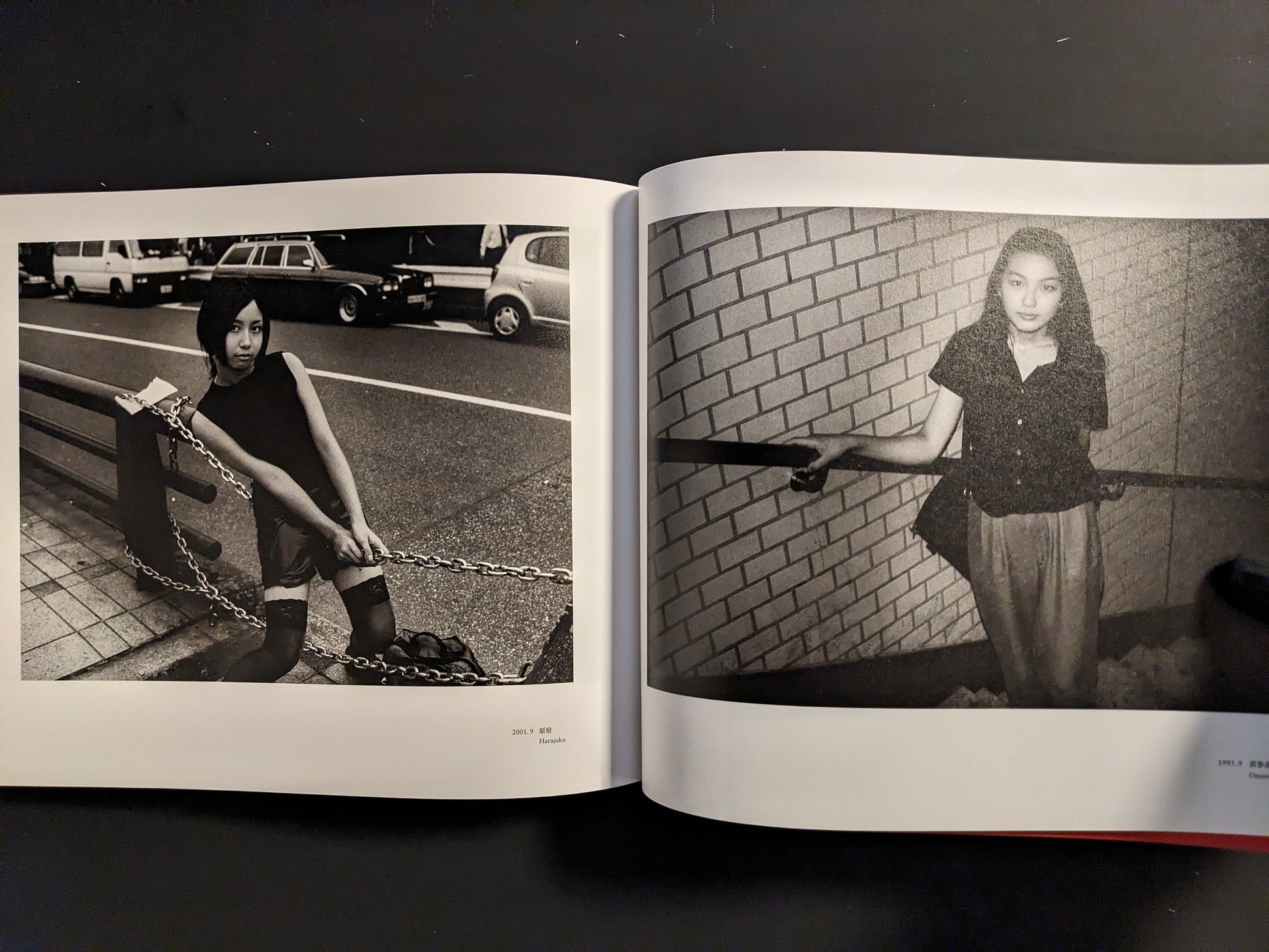 Open spread with a young woman posing with a metal chain by a roadside rail and a portrait of a woman against a tiled wall.