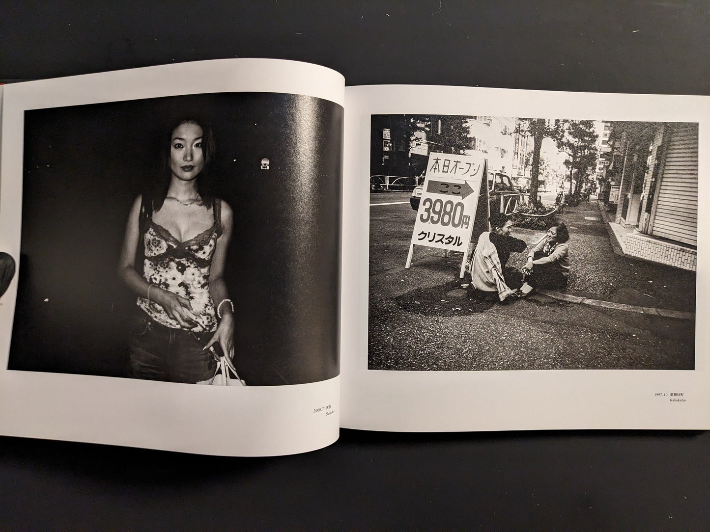 Open spread showing a couple seated on a night street beside a price sign and a frontal portrait of a woman at night.