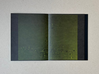 torikumo by Haruka Fujita, open accordion-bound photobook showing a two-page spread with dark green abstract imagery on a light surface
