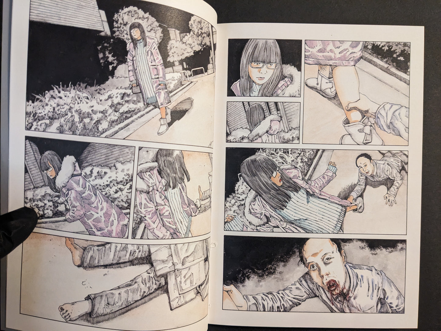 Interior spread with sequential panels and close-up views.